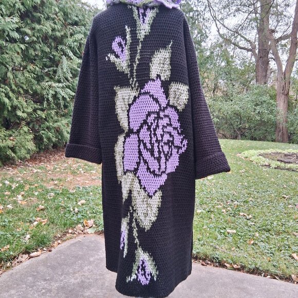 Black Long Sweater with Light Purple Rose and Scarf XL Plus - Picture 2 of 11